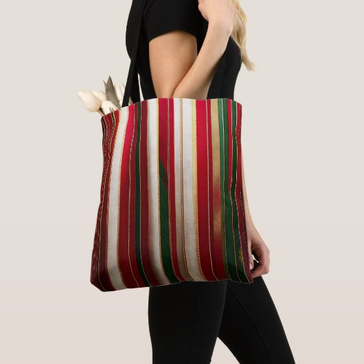 Kerst Kleur Strepen Rood Groen Wit Goud Tote Bag (Dichtbij)