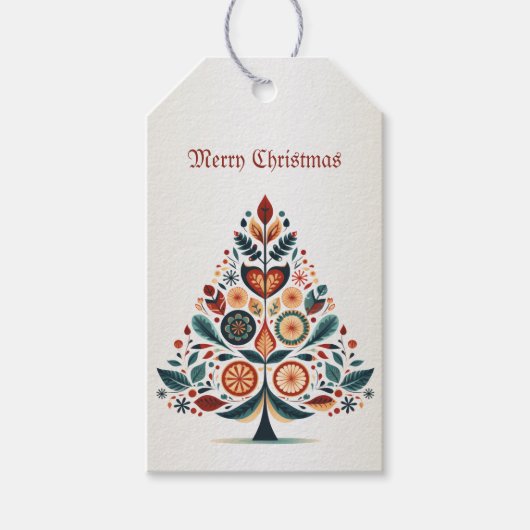Kerst Kleurrijke Boom Scandinavië Folk Art Cadeaulabel (Voorkant)
