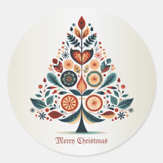 Kerst Kleurrijke Boom Scandinavië Folk Art Ronde Sticker (Voorkant)