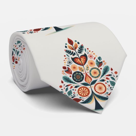 Kerst Kleurrijke Boom Scandinavië Folk Art Stropdas (Opgerold)