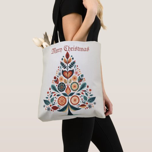 Kerst Kleurrijke Boom Scandinavië Folk Art Tote Bag (Dichtbij)
