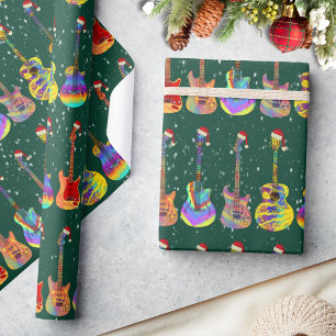 Kerst Kleurrijke Gitaar Patroon Groen Cadeaupapier
