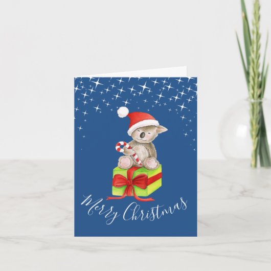 Kerst koala en cadeau whimsy art blauw kaart (Voorkant)