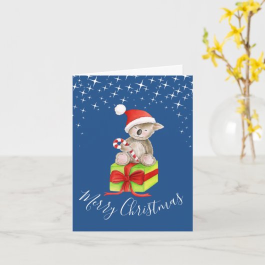 Kerst koala en cadeau whimsy art blauw kaart (Gele Bloem)
