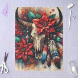 Kerst Koe Bull Skull Poinsettias Decoupage Tissuepapier