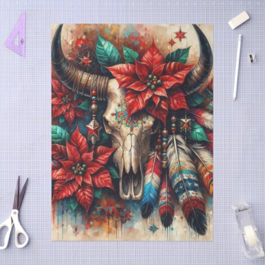 Kerst Koe Bull Skull Poinsettias Decoupage Tissuepapier (Craft)