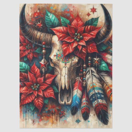 Kerst Koe Bull Skull Poinsettias Decoupage Tissuepapier (Voorkant)