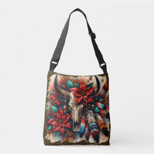 Kerst Koe Bull Skull Poinsettias Veren Crossbody Tas
