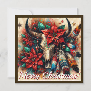 Kerst Koe Bull Skull Poinsettias Veren Feestdagenkaart