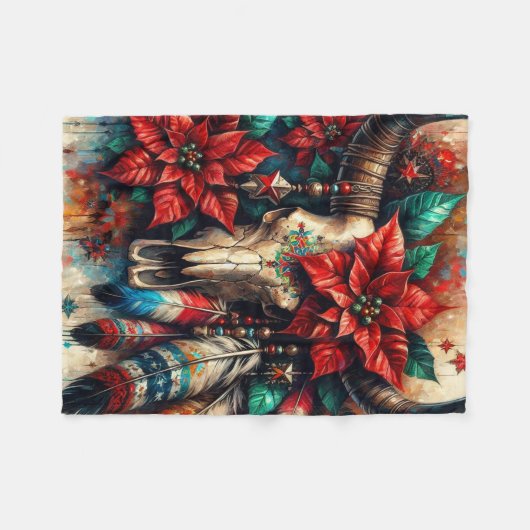 Kerst Koe Bull Skull Poinsettias Veren Fleece Deken (Voorkant (Horizontaal))