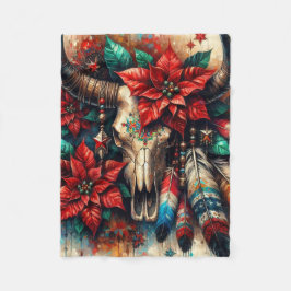 Kerst Koe Bull Skull Poinsettias Veren Fleece Deken
