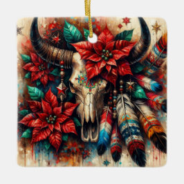 Kerst Koe Bull Skull Poinsettias Veren Keramisch Ornament
