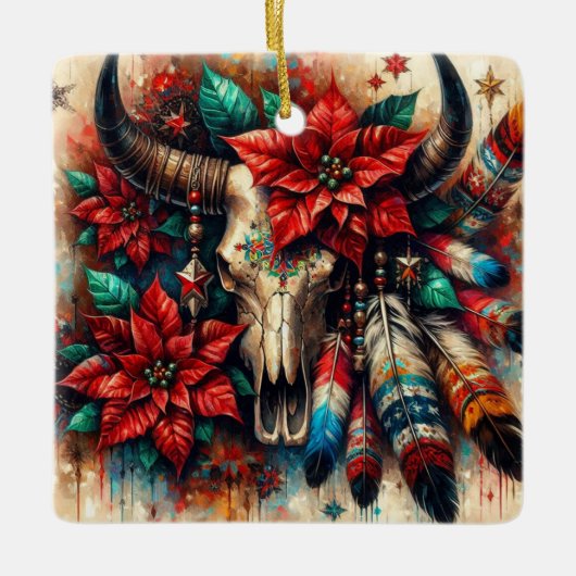 Kerst Koe Bull Skull Poinsettias Veren Keramisch Ornament (Voorkant)
