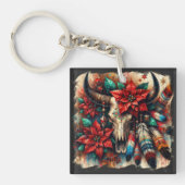 Kerst Koe Bull Skull Poinsettias Veren Sleutelhanger (voorkant)