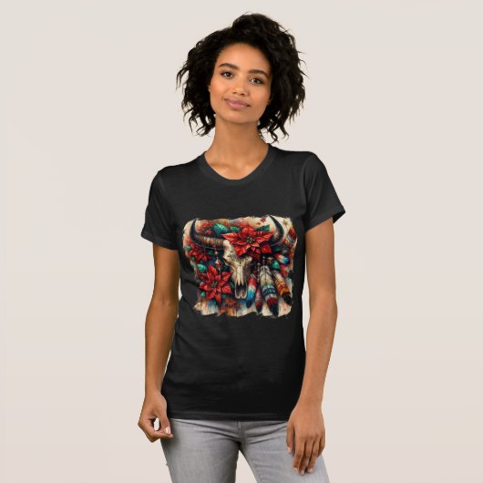 Kerst Koe Bull Skull Poinsettias Veren T-shirt (Voorkant volledig)