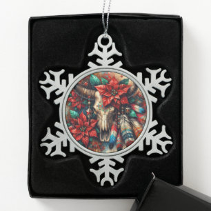 Kerst Koe Bull Skull Poinsettias Veren Tin Sneeuwvlok Ornament
