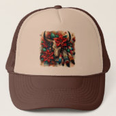 Kerst Koe Bull Skull Poinsettias Veren Trucker Pet (Voorkant)