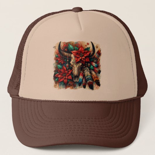 Kerst Koe Bull Skull Poinsettias Veren Trucker Pet (Voorkant)