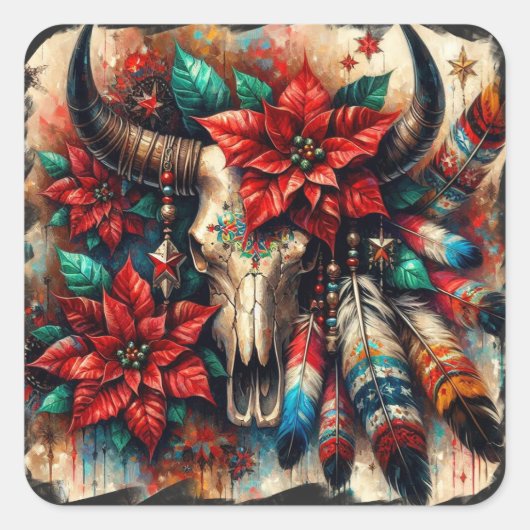 Kerst Koe Bull Skull Poinsettias Veren Vierkante Sticker (Voorkant)