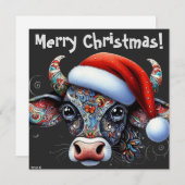 Kerst Koe Bull w / Santa Hat Kerst Kaart (Voorkant / Achterkant)