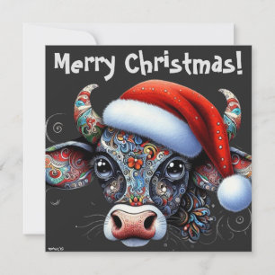 Kerst Koe Bull w / Santa Hat Kerst Kaart