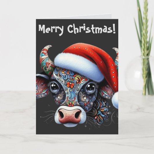 Kerst Koe Bull w / Santa Hat Kerst Kaart (Voorkant)