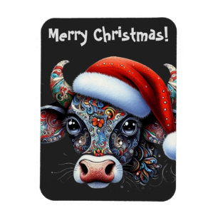 Kerst Koe Bull w / Santa Hat Kerst Kaart Magneet