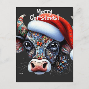 Kerst Koe Bull w / Santa Hat Mexicaanse Folk Art Briefkaart