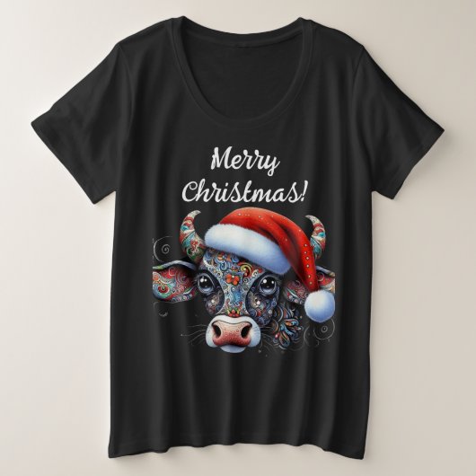 Kerst Koe Bull w / Santa Hat Mexicaanse Folk Art Grote Maat T-shirt (Design voorkant)