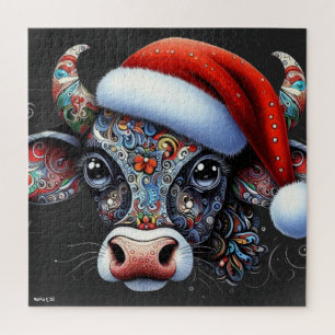 Kerst Koe Bull w / Santa Hat Mexicaanse Folk Art Legpuzzel