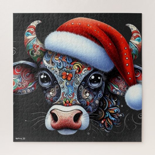 Kerst Koe Bull w / Santa Hat Mexicaanse Folk Art Legpuzzel (Verticaal)