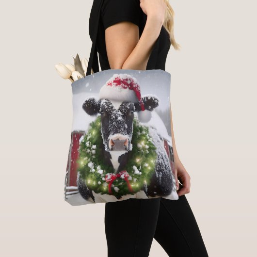 Kerst Koe Het dragen van een krans Tote Bag (Dichtbij)