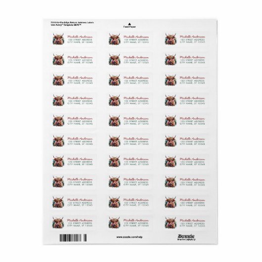 Kerst Koe Highland in Santa Hat Retouradres Etiket (Full Sheet)