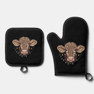 Kerst Koe Liefhebber Lichten Boerderij Boer Xmas Ovenwant & Pannenlap Set