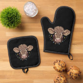 Kerst Koe Lover Lights Boerderij Boer Xmas Ovenwant & Pannenlap Set (Top down)