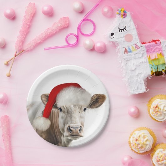 Kerst Koe met Santa Hat Papieren Bordje (Feest)