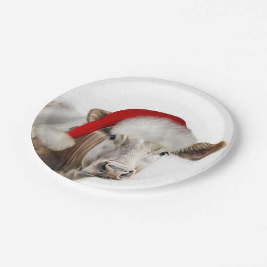Kerst Koe met Santa Hat Papieren Bordje (Gekanteld)