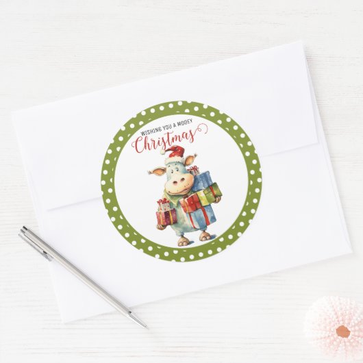 Kerst Koe Pun Ronde Sticker (Envelop)