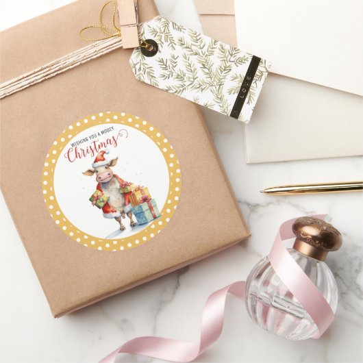 Kerst Koe Pun Ronde Sticker (Geschenken)