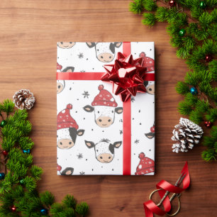Kerst Koe Santa Schattig Rood Zwart en Wit Cadeaupapier