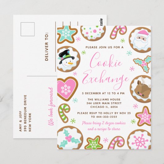 Kerst Koekjes Uitwisseling Roze en Groen Briefkaart (Voorkant / Achterkant)