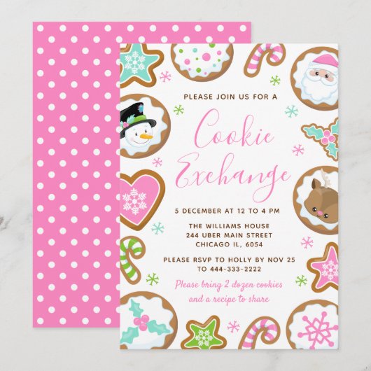 Kerst Koekjes Uitwisseling Roze en Groen Kaart (Voorkant / Achterkant)