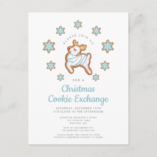 Kerst Koekjesuitwisseling Schattige rendier Uitnodiging Briefkaart (Voorkant)