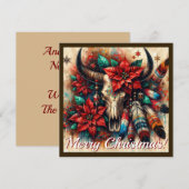 Kerst Koeroe Stier Schedel Poinsettia's Veren Feestdagenkaart (Voorkant / Achterkant)