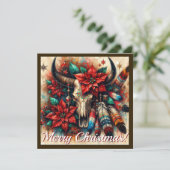 Kerst Koeroe Stier Schedel Poinsettia's Veren Feestdagenkaart (Staand voorkant)