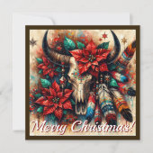 Kerst Koeroe Stier Schedel Poinsettia's Veren Feestdagenkaart (Voorkant)
