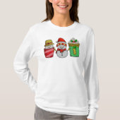 Kerst Koffie Cups Sneeuwman Lange Mouw T-shirt (Voorkant)