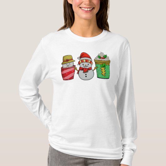 Kerst Koffie Cups Sneeuwman Lange Mouw T-shirt (Voorkant)