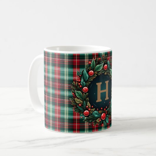 Kerst Koffie Plaid Goud Monogram Koffiemok (Voorkant links)