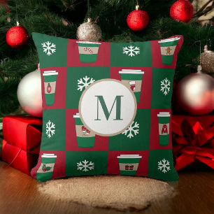 Kerst Koffie Sneeuwvlokken Monogram Kussen